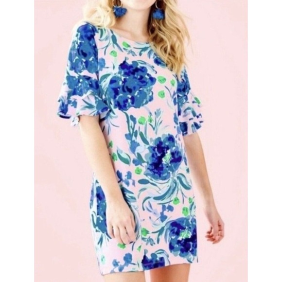 Lilly Pulitzer‎ Lula Tropical Short Sleeve Ruffle Dress Floral Pink NEW wTags